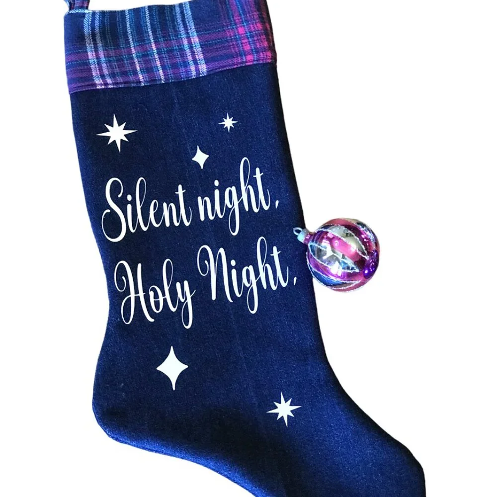 Denim Christmas Stocking, Old Fashioned Holiday Home Decor Silent Night Lyrics